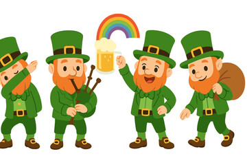 Four cheerful leprechaun characters celebrating Saint Patrick's Day with beer and music