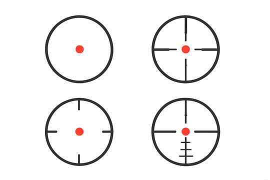 Collection of four different sniper scope crosshairs and target sights with red dot aiming points