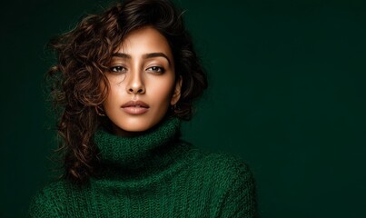 A woman wearing a green sweater