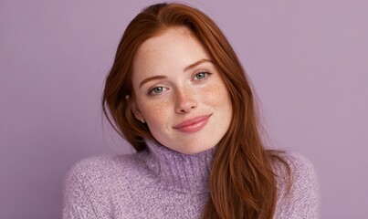 Fototapeta premium A woman with red hair is wearing a purple sweater