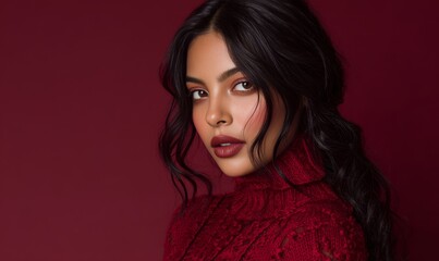 A woman with dark hair and red clothing