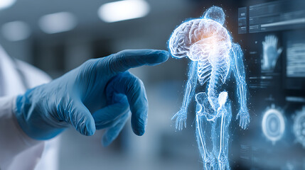 Doctor pointing at glowing human anatomy hologram medical science