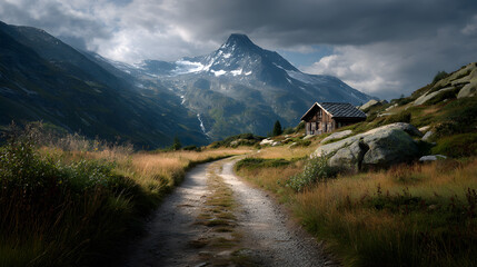 Single road leading to isolated cabin in alpine terrain