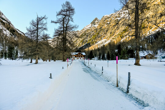 Bever, Spinas, Val Bever, Winterwanderweg, Winterlandschaft, Wintersport, Oberengadin, Beverin, Fluss, Zugfahrt, Beverinbach, Langlauf, Langlaufloipe, Alpen, Arvenwald, Winter, Graub&uuml;nden, Schweiz