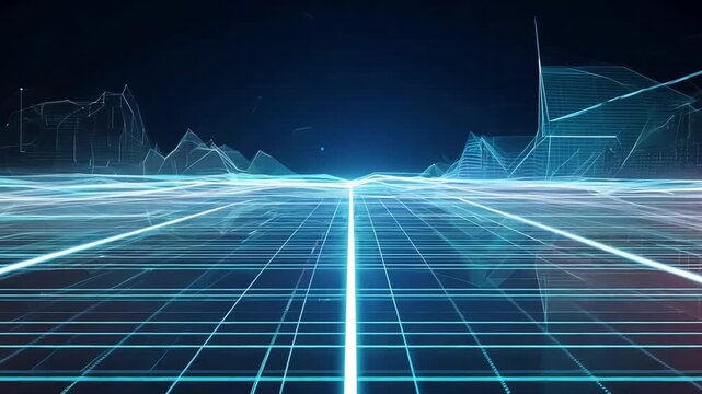 Abstract digital landscape with glowing grid lines and futuristic data visualizations.