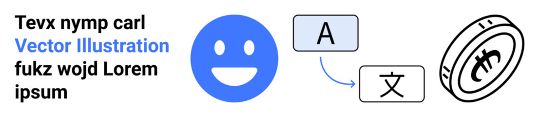 Language translation, communication tools, education, multilingual services, cultural exchange, international collaboration. happy face with text conversion icons translation. Language translation