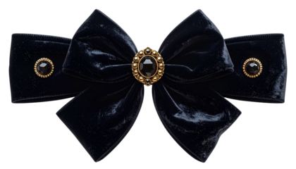 Luxurious Black Velvet Bow with Gold Jewel Clasp – Transparent Background PNG