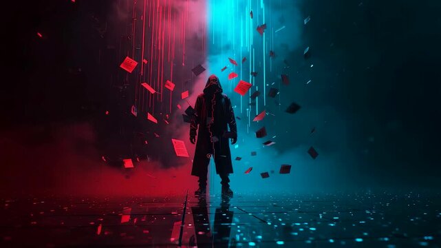 Mysterious hooded figure standing in neon rain with floating red fragments on dark cyberpunk street