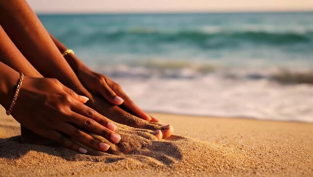 Hands Playing with Sand on a Tropical Beach at Sunset.