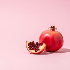 Red ripe pomegranate fruit and a slice with seeds on pink background