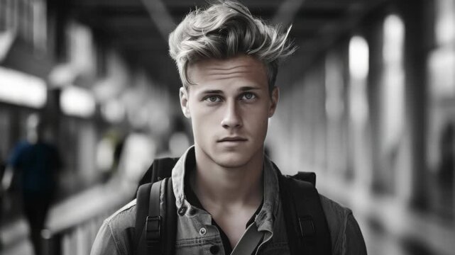 A young man wearing a backpack stands at a train station platform with trains in the background. He appears thoughtful and ready to embark on his journey. The captures the anticipation