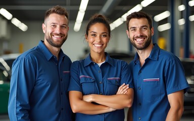 We value your car. Team of proud diverse mechanics in uniform, two men and a woman smiling at camera, while standing at auto repair shop. High quality