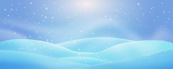 Beautiful, soft blue winter landscape background with glowing light, falling snow, and smooth, rolling snowdrifts. Background with falling snow bokeh, soft sunrise glow. Editable vector illustration.