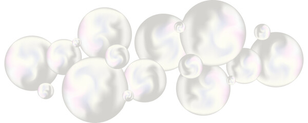 Iridescent white spheres and pearls, floating soap bubbles overlay on a transparent background. Luxury liquid 3D abstract bubbles for cosmetic, fashion, or wedding design. Editable vector illustration