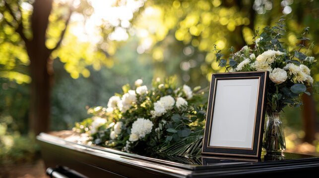 Funeral memorial scene with empty photo frame and white flowers in a peaceful outdoor setting