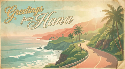 Greetings from Hana vintage postcard featuring scenic coastal highway and sunset