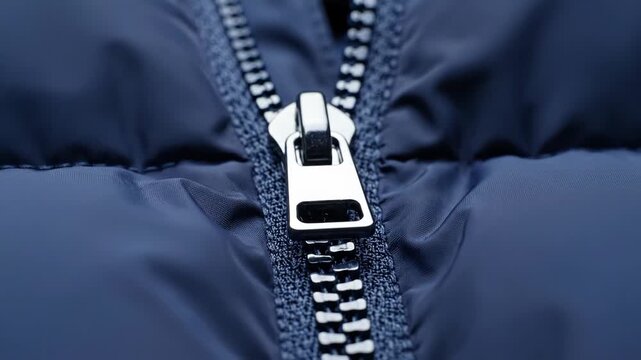 Close-up of zipper on padded winter jacket showcasing deep navy fabric. Ideal for concepts related to clothing textures, fashion accessories, and garment design.