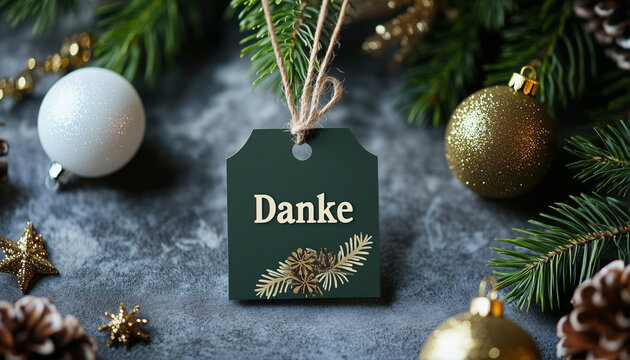 Paper tag with german word thank you on christmas background