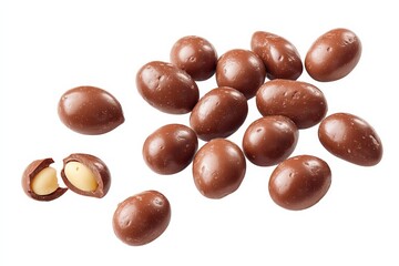Obraz premium Surprising aerial view of scattered chocolate-covered peanuts on white.