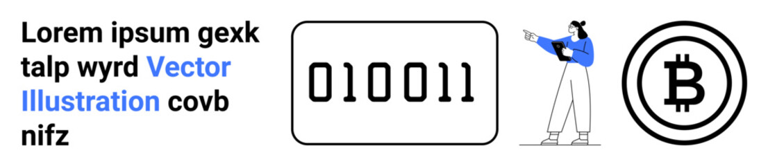 Obraz premium Human pointing at digital tablet, binary code digits, cryptocurrency icon. Ideal for blockchain, cryptocurrency, data technology, fintech, coding, digital economy simple landing page
