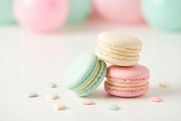 Obraz premium Pastel macarons with heart candies for celebration