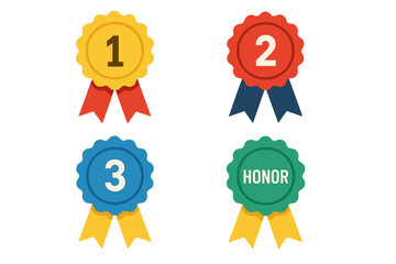 Colorful set of first, second, third place, and honor award badges with ribbons