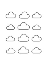 Obraz premium Twelve simple minimalist cloud shapes set as outline icons for weather or data concepts