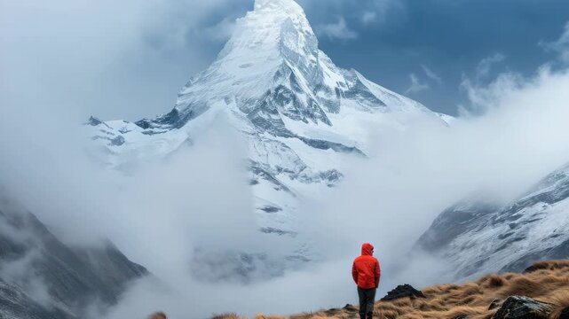 Solo hiker standing atop a snow-capped mountain peak with clouds swirling below.