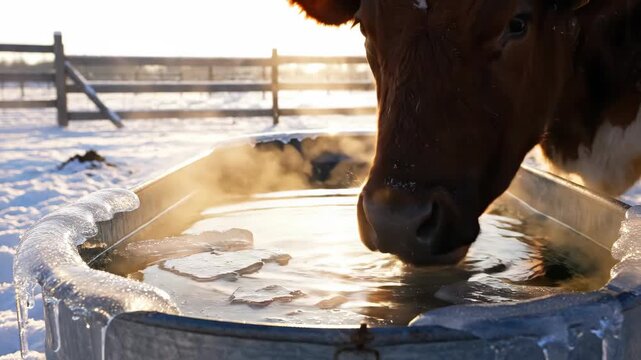 Cow drinking from water trough in winter, surrounded by snow, showcasing themes of farming, animal care, and winter agriculture. Useful for discussions on livestock management and rural life.