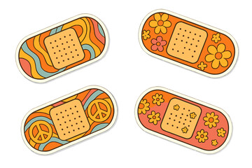 Four colorful adhesive bandages decorated with groovy psychedelic patterns and peace signs
