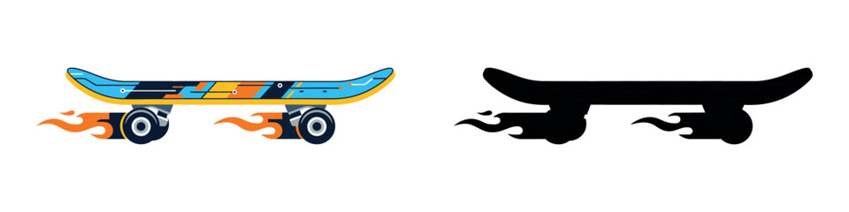 A stylish skateboard design with a lightning bolt graphic, shown in vector style, representing modern skateboarding aesthetics and energy.