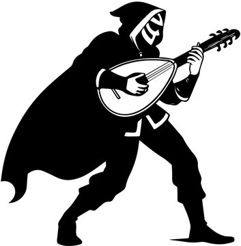 Hooded Bard Playing Lute &ndash; Black and White Fantasy Silhouette