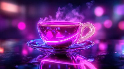 Neon-lit teacup with swirling vapor in a vibrant, purple-pink glow