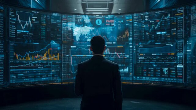 Analyst Standing Before Massive Digital Data Wall in Control Center Showing Real Time Market Intelligence Strategic Monitoring and Advanced Analytics