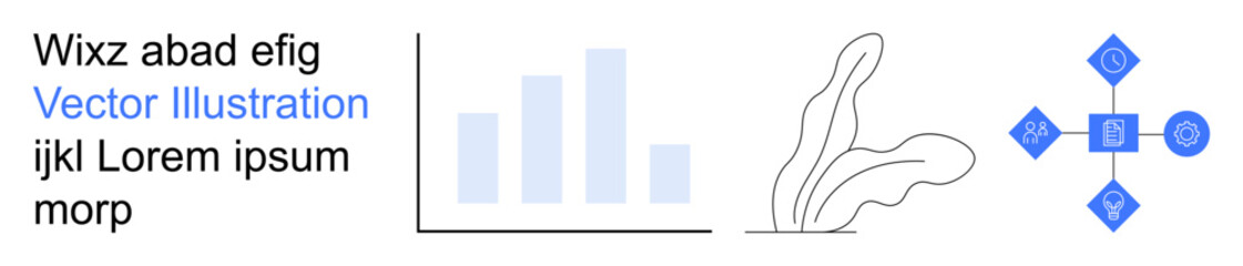 Business data, analytics, growth, teamwork, strategy, design. Minimal bar graph, organic shape and geometric icons. Business data and analytics concepts highlighted with abstract visuals