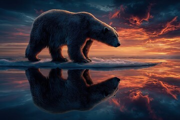 arctic wildlife inspired scene for International Polar Bear Day: polar bear silhouette on floating ice under soft pastel sky, calm ocean, environmental focus