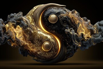 abstract Taoist festival symbolism, yin-yang energy flows transformed into misty light curves, monochrome ink tones with subtle glow, meditative simplicity