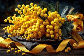 Fresh spring still life celebrating International Women Day: mimosa flowers, soft yellow petals, green leaves, sunlight on a wooden table, delicate ribbons, hopeful and elegant atmosphere