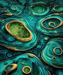 A lush abstract wetlands-inspired pattern for World Wetlands Day, fluid organic shapes, shades of teal and emerald, floating cell-like forms and gentle curves, water ripple textures