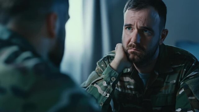 Man in army uniform deep in thought during discussion.