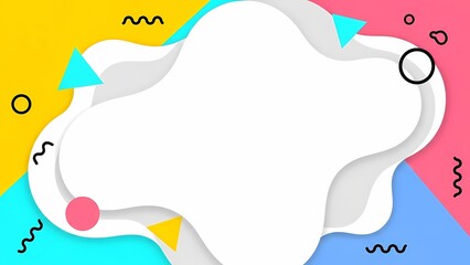 Colorful memphis-style abstract background with a soft white organic shape in the center, surrounded by playful geometric elements, pastel colors, and modern decorative accents.