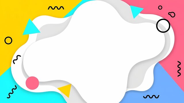 Colorful memphis-style abstract background with a soft white organic shape in the center, surrounded by playful geometric elements, pastel colors, and modern decorative accents.