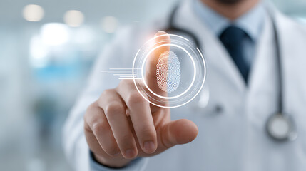 Doctor touching holographic fingerprint scan for medical identification healthcare