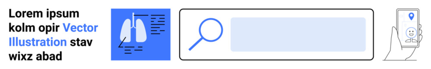 Healthcare, medical information, diagnostics, location services, search tools, navigation. Icons of lungs with a report, magnifying glass map pin on a smartphone. Medical information and diagnostics