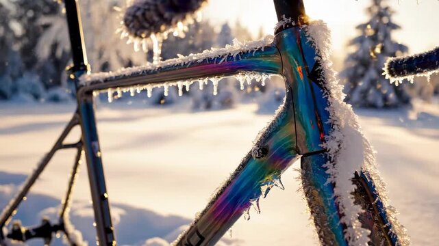 Bicycle frame covered in ice and snow, showcasing winter conditions. Ideal for conveying themes of outdoor sports, adventure, and nature's beauty in cold climates.