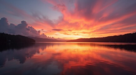 Fototapeta premium View of a lake with a sunset in the background