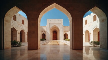 Obraz premium Golden Haze Surrounds a Clean Space With Arches and Columns Set in a Middle East Palace in Daytime Light Highlighting Architectural Details