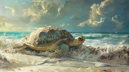 Obraz premium A large sea turtle on the sand by the ocean, on tropical islands in the wild.
