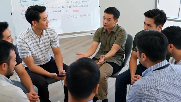Business Meeting with Young Asian Men Discussing Ideas in Collaborative Setting