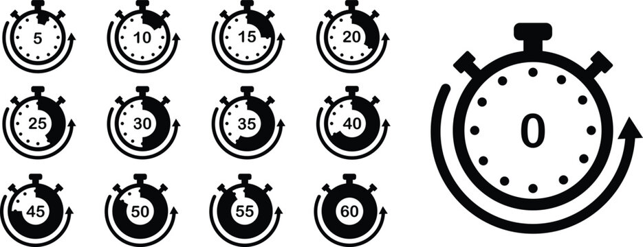 Stopwatch timer icons set countdown progress indicators time measurement intervals minutes seconds clock graphic design element